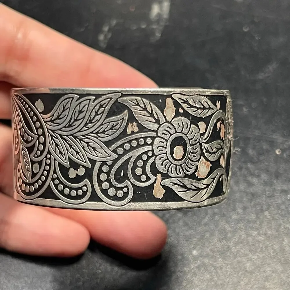 Floral Silver Tone Cuff Bracelet Vtg Adjustable